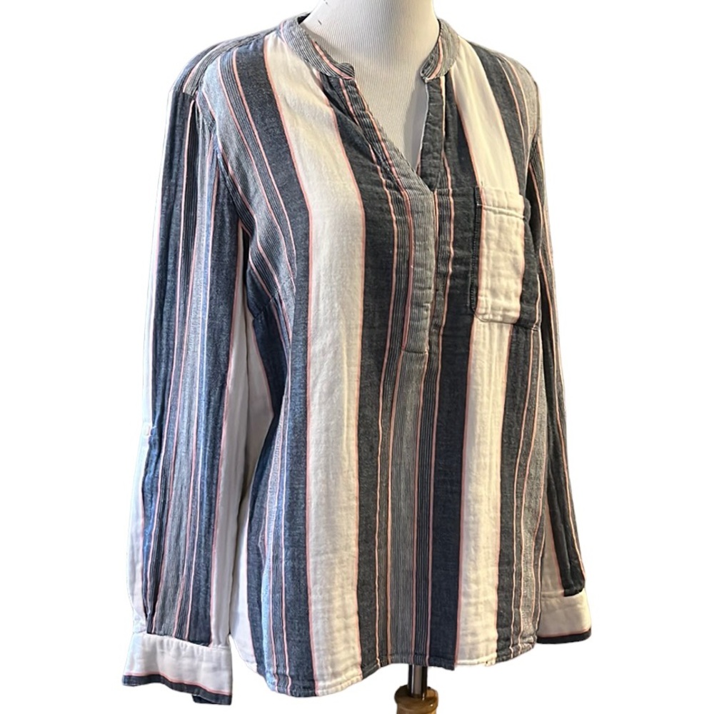 STYLE & CO LONG SLEEVE STRIPED COTTON TUNIC TOP BLUE WHITE PINK SIZE MEDIUM